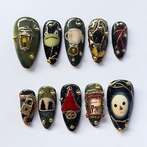 Dark Forest Fantasy Press On Nails Medium Almond, Handmade Gel Witchcore Nail Set