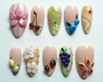 Handmade Fruit, Floral Press On Nails, Almond Nail Set with 3D Cherry, Strawberry, Grape & Flower, Cute Summer Nails, Pastel Custom Nail Set