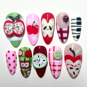 Hand Painted Apple Nail Art, Cute Press On Nails, Colorful Fruit Nails, Kawaii Fake Nails, Custom Art Nails, Party Naills, Gift for Her