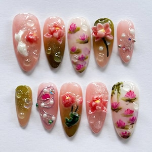 Lotus Flower Press On Nails, Handmade 3D Floral Gel Nail Art, Romantic Botanical Nails, Koi Nails, Elegant Pink Nails for Gift or Wedding