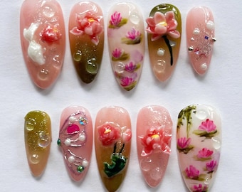 Lotus Flower Press On Nails, Handmade 3D Floral Gel Nail Art, Romantic Botanical Nails, Koi Nails, Elegant Pink Nails for Gift or Wedding