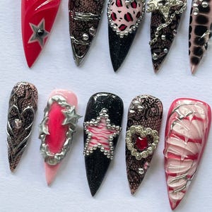 Glam Rock Y2K Press On Nails with Stars & Hearts, Pink Black Coquette Nails, Handmade 3D Chrome Nail Set, Long Luxury Press Ons Gift for Her image 4