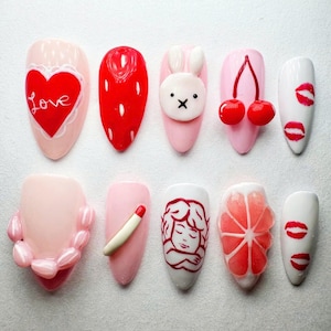 Handmade Almond Nail Set with Cherry, 3D Heart, Cute Valentine Nails, Miffy Nails, Kiss Nails, Valentines day Press On, Unique Nail Art.
