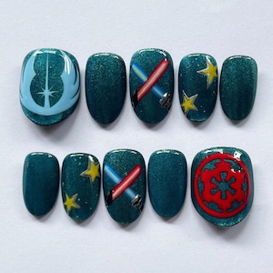 Hand Painted Star Wars Press On Nails, Short Oval Nail with Lightsaber Nail Art, Jedi & Sith Design, Sci-Fi Nails, Custom Nails Gift For Fan