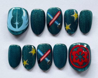 Uñas postizas de Star Wars pintadas a mano, uñas ovaladas cortas con sable de luz, diseño Jedi y Sith, uñas de ciencia ficción, regalo de uñas personalizado para fans.