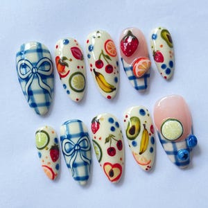 Fruit Press On Nails, Handmade Fake Nails, Summer Nail Art, Kawaii Nail Design, Colorful Nail Tips, Citrus Nail Art, Cute Fake Nails, Tropical Nail Set, Cherry Nail Design, Banana Nail Art, Lemon Fake Nails, Fun Summer Nails, Gift for Nail Lovers, Holiday Nails, Party Nails