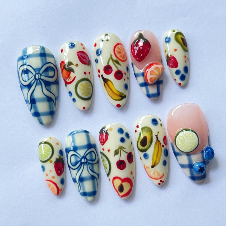 Fruit Press On Nails, Handmade Fake Nails, Summer Nail Art, Kawaii Nail Design, Colorful Nail Tips, Citrus Nail Art, Cute Fake Nails, Tropical Nail Set, Cherry Nail Design, Banana Nail Art, Lemon Fake Nails, Fun Summer Nails, Gift for Nail Lovers, Holiday Nails, Party Nails