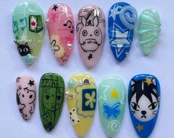Handmade Totoro Press On Nails, Ghibli Totoro & Friends Nail Set, Forest Spirit, Soot Sprite Set, Whimsical Inspired Nail Art, Cute Nails.