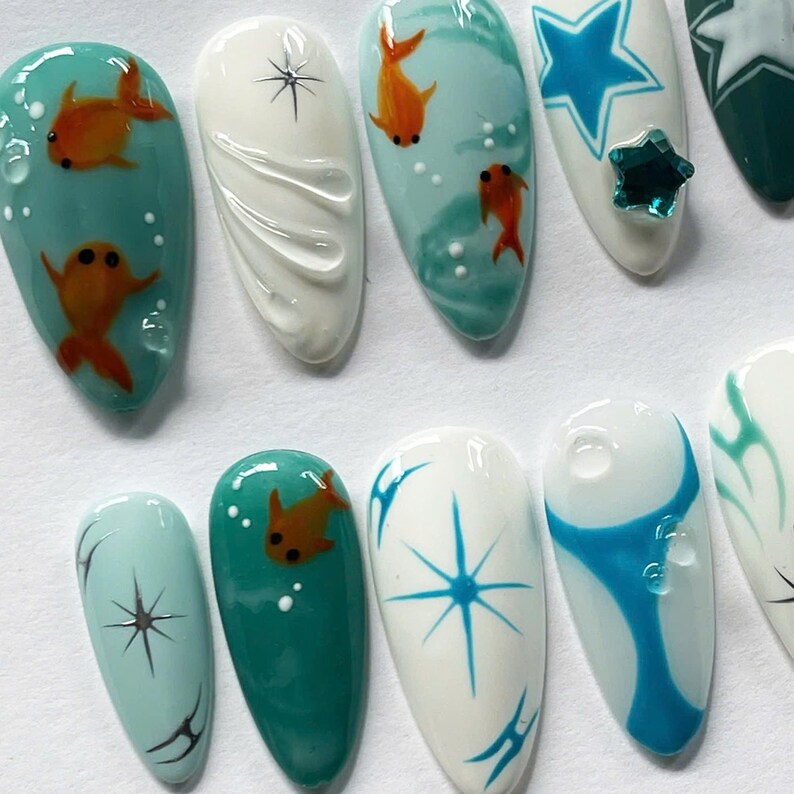 press on nails, nail polish, acrylic nail, unique design nail, fake nails, summer nails, koi nails, y2k nails, 3d gel nails, trendy nails, handmade, nail art
