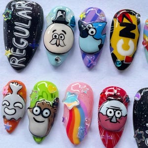 cartoon press on, 3d nail art, handmade nails, anime nail design, colorful false nails, cute cosplay nails, fun nail art, kawaii press on, cartoon nail gift, unique nail art, playful nails, animation nails, handmade gift