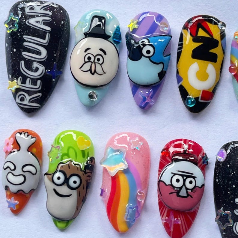 cartoon press on, 3d nail art, handmade nails, anime nail design, colorful false nails, cute cosplay nails, fun nail art, kawaii press on, cartoon nail gift, unique nail art, playful nails, animation nails, handmade gift