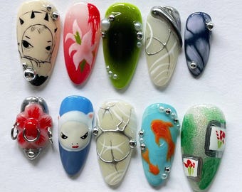 Unique Yoshimoto Nara Press On Nails, Nara Nails, Japanese Inspired Nails, Cartoon Nails, Birthday Nails, Short Almond Nail, Valentines Nail