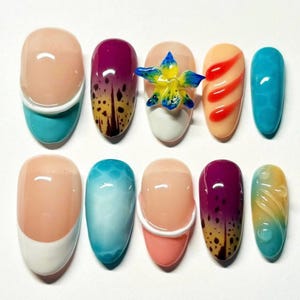 3D orchidee pers op nagels, lente nep acrylnagels, handgemaakte gelnagels, bloemennagels, schoolbal vakantie vakantie nagel, amandelnagels, zomernagel