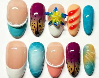 3D Orchid Press On Nails, Spring Fake Acrylic Nails, Handmade Gel Nails, Floral Nails, Prom Holiday Vacation Nail, Almond Nails, Summer Nail