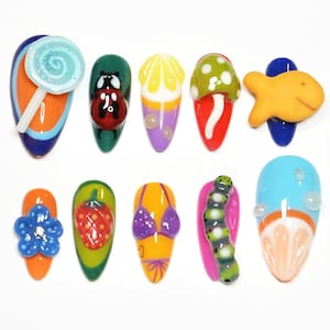 Fresh Summer Press On Nails, 3D Almond Nail Set, Holiday Nails, Ocean Nails, Beach Nails, Handmade Press On Nails for Summer Vibes, Gifts.