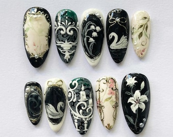 Elegant Black & White Swan Nail Set, Vintage Baroque Floral Press On Nails, Hand-Painted Lily Art Nails, Gothic Romantic Wedding Nails