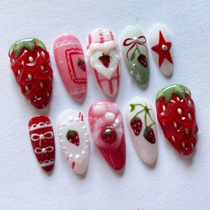 Strawberry Almond Nail Set, Fruit Press On Nails, Spring Nails, Pink Nails, Custom Fake Acrylic Nails, Handmade press on, Party Nails, Gifts