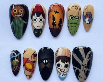 Over the Garden Wall Inspired Press On Nails, Unique Halloween False Nails Set, Spooky Frog Pumpkin Nail Art, Cartoon Nails, Gift for Fans