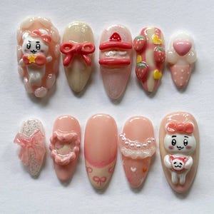 Kawaii Nail Art Press On Nails, Cute Chiikawa, Strawberry, Ribbon Designs, Birthday Almond Nail Set, Cartoon Nails, Party/Vacation Nails.