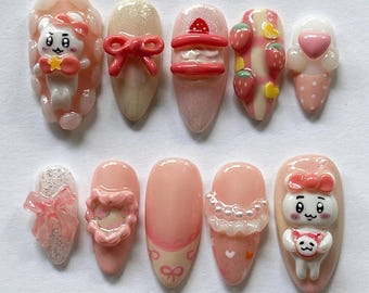 Kawaii Nail Art Press On Nails, Cute Chiikawa, Strawberry, Ribbon Designs, Birthday Almond Nail Set, Cartoon Nails, Party/Vacation Nails.