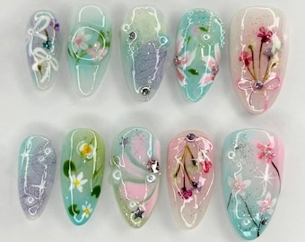Hand-painted Flower Press On Nails, Wedding Nails, Custom Fake Acrylic Nails, 3D Press On Nail, Unique Spring Nails, Glitter Almond Nail Set