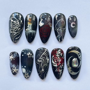 Gothic Press On Nails with Moon, Stars, Roses, Handmade Dark Cosmic Nail Art, Witchy Fake Nails for Halloween & Alternative Style, Gift.