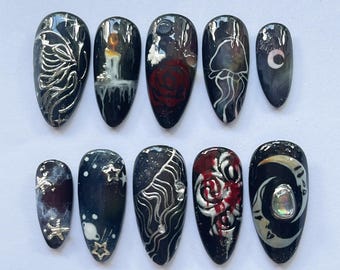 Gothic Press On Nails with Moon, Stars, Roses, Handmade Dark Cosmic Nail Art, Witchy Fake Nails for Halloween & Alternative Style, Gift.