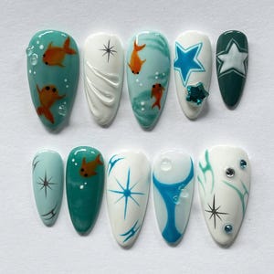 press on nails, nail polish, acrylic nail, unique design nail, fake nails, summer nails, koi nails, y2k nails, 3d gel nails, trendy nails, handmade, nail art