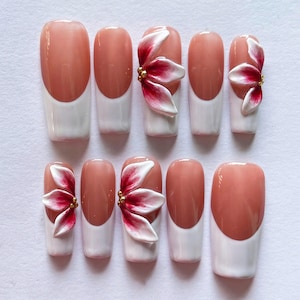 Crystak Pink 3D Flowers Press On Nails, Spring Fake Acrylic Nails, Stunning Blossom Nail Art, French Tips, Long Square Nail Set, Daily Nails