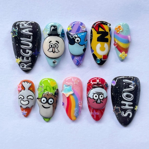 Custom Cartoon 3D Press On Nails, Handmade Colorful Nail Art, Cute Regular Show-Inspired False Nails, Fun Cosplay Gift for Animation Lovers.