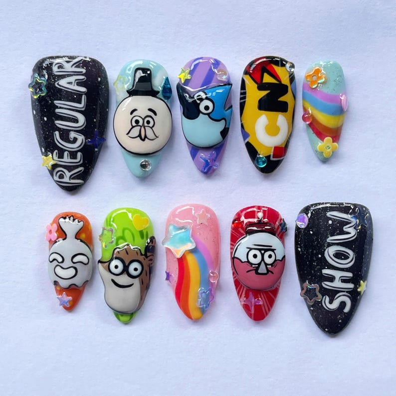 cartoon press on, 3d nail art, handmade nails, anime nail design, colorful false nails, cute cosplay nails, fun nail art, kawaii press on, cartoon nail gift, unique nail art, playful nails, animation nails, handmade gift