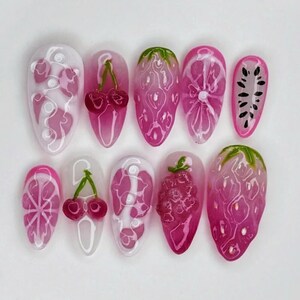 3D Pink Fruit Press On Nails, Romantic Almond Nail Set, Spring Nails, Strawberry Nails, Cherry Nails, Spring Nails, Pink Nails, Summer Nails