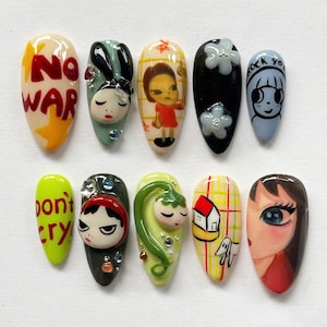 Nara Yoshimoto Press On Nails, Japanese Inspired Nails, Nara Nail Art, Cartoon Nails, Birthday Nails, Medium Almond Nail Set, Fantasy Nails