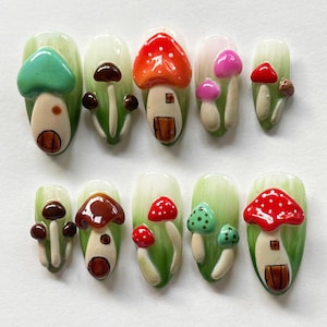 Mushroom Forest Press On Nails, Spring Nails, Party Nails, Custom Fake Acrylic Nails, Reusable Nail Set, Daily Nails, Unique Nail Art, Gifts