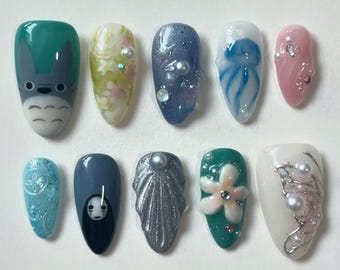 Totoro & No-Face Press On Nails, Studio Ghibli Nail Art Set, Handmade Totoro Nails, Trendy Japanese Cartoon Nails, Anime Nail Designs, Gifts