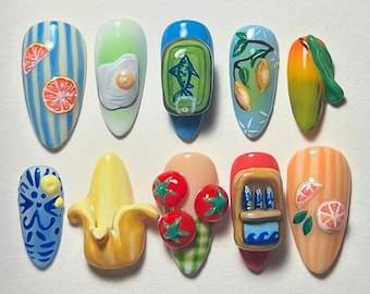 Helle, lustige handgefertigte Press-On-Nägel mit lebhaften Früchten, Gemüse, einzigartigem Sommer-Nagelset, Urlaubs/Party-Nägeln, Ozean-Nägeln, Geburtstags-Nagel