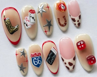 Uñas postizas personalizadas Cowboy Carter, diseño de dados de póker de la Ruta 66 de Las Vegas, uñas de casino, juego de uñas con estampado de vaca de rodeo retro para un estilo único.