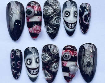 Horror Press On Nails, Creepy Handmade Fake Nails, Gothic Halloween Nail Art, Scary Spooky Nail Design Gift for Her, Cosplay/Canival Nails.
