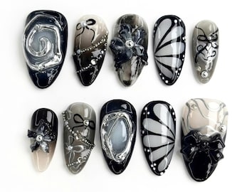 Handmade Black Press On Nails, Almond Nail Set with Black Flower, Gems, Fall Press On Nails, Short Nail, Butterfly Nails, Holiday/Party Nail