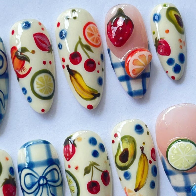 Fruit Press On Nails, Handmade Fake Nails, Summer Nail Art, Kawaii Nail Design, Colorful Nail Tips, Citrus Nail Art, Cute Fake Nails, Tropical Nail Set, Cherry Nail Design, Banana Nail Art, Lemon Fake Nails, Fun Summer Nails, Gift for Nail Lovers, Holiday Nails, Party Nails
