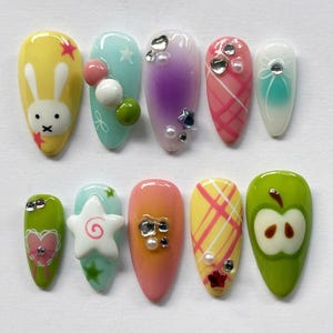 Fantasy Miffy Press On Nails, Almond Nail Set with Bunny, Fruit, Cartoon Nails, Colorful Nails, Funny Nails, Party Nails, Summer Nails, Gift