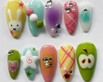 Fantasy Miffy Press On Nails, Almond Nail Set with Bunny, Fruit, Cartoon Nails, Colorful Nails, Funny Nails, Party Nails, Summer Nails, Gift