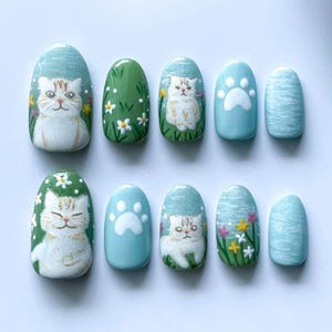 Fishing Cat Press On Nails, Blue Nail Set, Cartoon Nails, Cute Nails, Cat Nails, Funny Nails, Party Nails, Summer Nails, Trendy Nails, Gifts