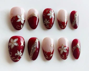 Red Oval Press On Nails, Spring Fake Acrylic Nails, Short Nails, French Tips Nails, Flower Nails, Trendy Nail, Punk Style Nail Art, Gifts
