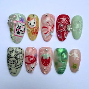 Fantasy Bear Press On Nails, Almond Nail Set with Hungry Cat, Fruit, Cartoon Nails, Summer Nails, Cute Nails, Funny Nails, Party Nails, Gift