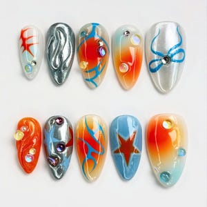 Handbemalte lebendige Farben Drücken Sie auf die Nägel, Y2k Styles Nägel, Silber Nagel, Orange Nagel, Kawaii Nagel, Einzigartige Mandel Nagel Set, Free Style Nagel