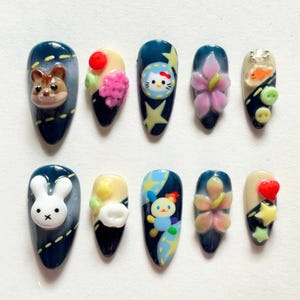 Uñas postizas Kawaii 3D con dibujos animados, hechas a mano con animales y estrellas, uñas postizas personalizadas para niñas, set de uñas estilo Sanrio