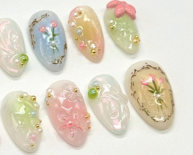 tulip nails, flowers nails, press on nails, fake nails, nails, short nails, blush nails, metal nails, y2k nails, floral nails, 3d gel nails, acrylic nails, false nails, almond nails