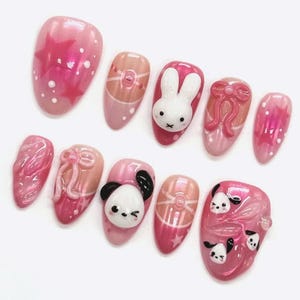 Uñas postizas de dibujos animados kawaii hechas a mano, conejito 3D, panda, lazo rosa, lindo juego de uñas inspirado en anime para niñas y cosplay, uñas de dibujos animados.