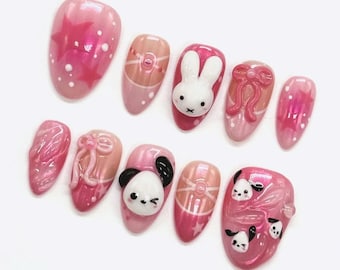 Handmade Kawaii Cartoon Press On Nails, 3D Bunny, Panda, Bow Pink Nail Art, Cute Anime-Inspired Nail Set for Girls & Cosplay, Cartoon Nails.